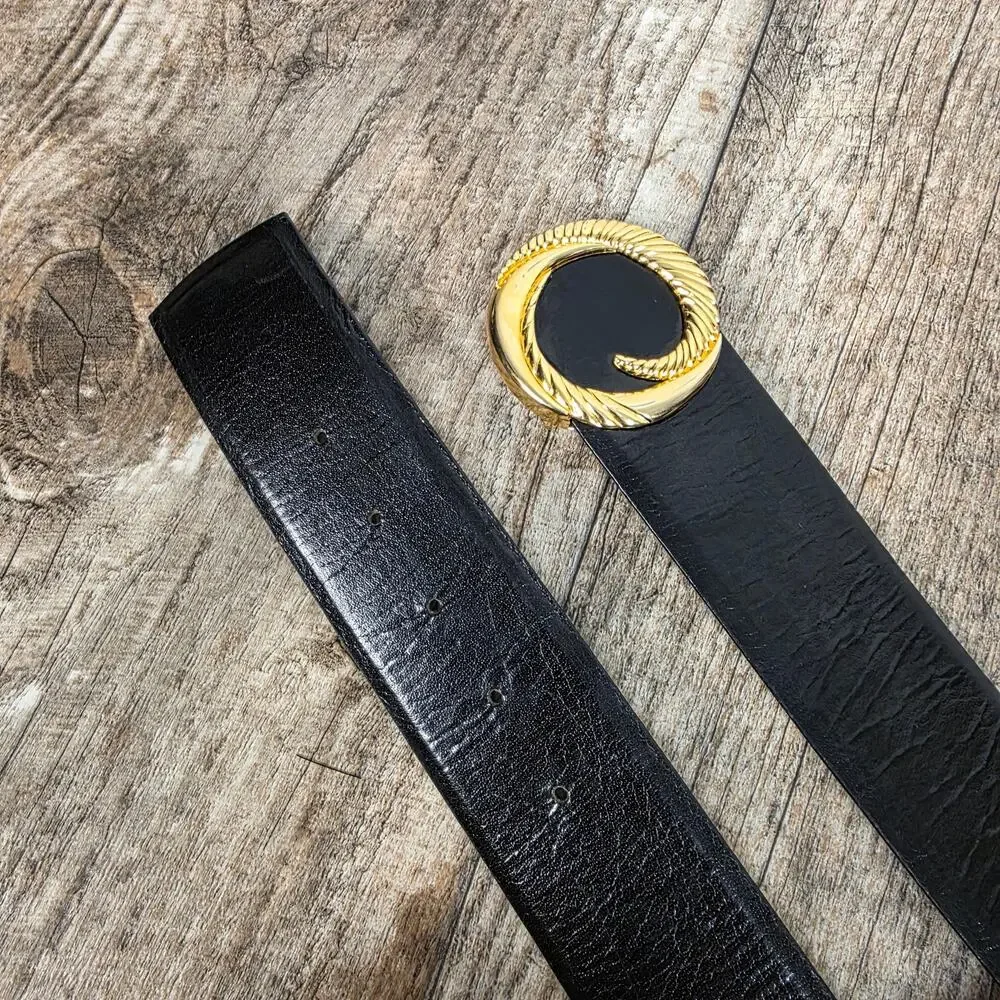 VINT Black Buffalo Calf Waist Leather Belt Gold Buckle Linda Allard Ellen Tracy